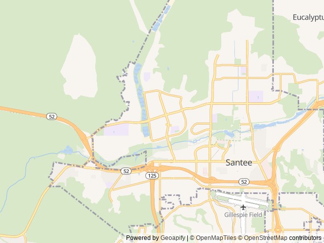 Map of Santee Lakes Recreation Preserve location at Santee, CA, United States