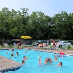 Photograph of the on‑site swimming pool with lounge chairs and patrons; clearly depicts a campground pool and is from the resort’s amenities page.