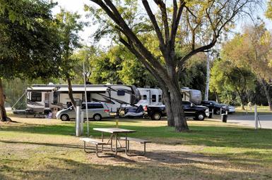 Wide campsite view showing several full-hookup RV sites, trees and picnic table in foreground — useful overview of the resort grounds and site spacing (gallery page).