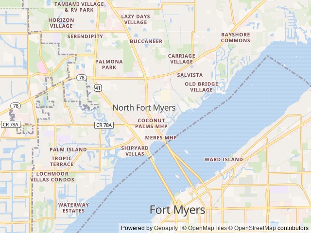 Map of Southwind Village Mobile Home & RV Park (Age Restricted 55+) location at North Fort Myers, FL, United States