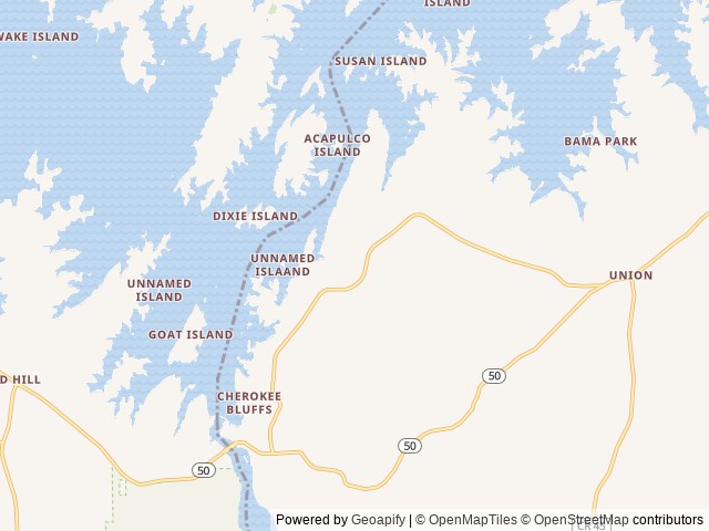 Map of Whiskey Ridge Park location at Dadeville, AL, United States