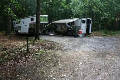 A recreational vehicle set up at Cataloochee Horse Camp