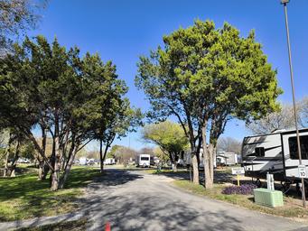 Ground-level view down a park road with multiple RV sites visible, trees, and utility pedestals — good depiction of typical RV pitches and site spacing on the property.