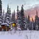 A small cabin in the middle of a snowy forest.