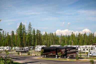 Wide view of multiple RV sites with trees and mountain backdrop, clearly depicting the park’s RV pitch style and setting from the site gallery.