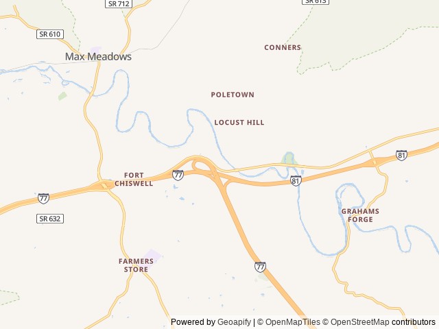 Map of Pioneer Village Campground location at Max Meadows, VA, United States