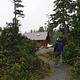 Person walking up gravel walkway to Middle Ridge Cabin with trees on both sides of him