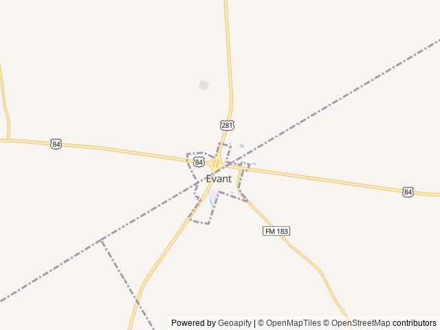 Map of WinRV Park location at Evant, TX, United States