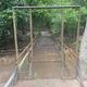 A narrow suspended footbridge with metal handrails crossing the creek into the woods.