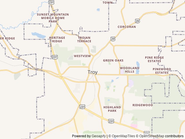 Map of Trojan Pines RV Park location at Troy, AL, United States