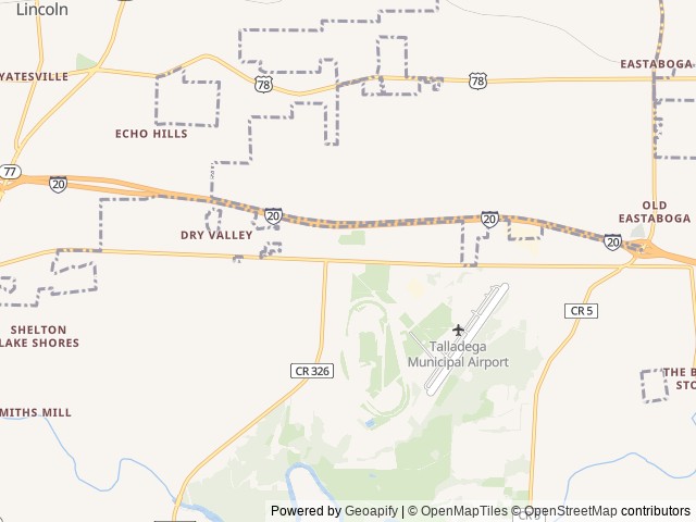 Map of Grandstand RV Park location at Lincoln, AL, United States