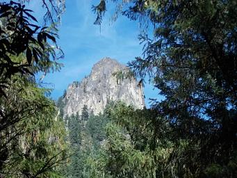 Looking up through shadowy trees at a large rocky butte jutting over a conifer covered hill.