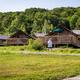 Shows multiple elevated glamping cabins on grassy pitches with a visitor in the foreground — clear, on-site accommodation view consistent with the property’s cabin offerings on the Berkshires page.