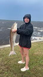 Shoreline/bay view showing a guest with a large fish and the water in the background; supports activity (fishing) and proximity to Ochlockonee Bay. 