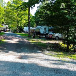 Roadway view showing multiple parked RVs along a wooded drive — good overview of RV sites and campsite layout, from the campground's 'ways to stay' images.
