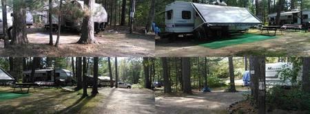 Panoramic collage showing multiple campsite/RV setups and wooded roads — useful overview of typical site arrangements and campground atmosphere (from the Pictures page).