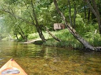 Yellow kayak on river with trees in the background