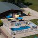 Close aerial of the pool area and adjacent building with surrounding parking/RV spaces — useful facility photo (homepage slide).