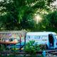 Exterior shot of a vintage trailer parked on-site with a thatched tiki-style bar and seating, showing campsite styling and landscaping on the property (sourced from the property homepage/gallery).