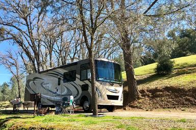 RV parked at a site with hookups and picnic setup among trees and grassy slope — good representation of RV accommodations on the grounds.