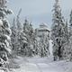 Tire tracks on a flat snow covered road flanked by snow covered conifers with a snow covered lookout tower and gray-blue sky in the background.