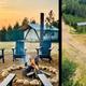 Ground-level shot of the main fire pit with seating and sunset, plus a right-side aerial crop showing nearby glamping units — useful for showcasing communal outdoor amenities found on the property pages.