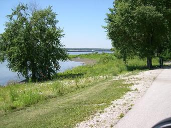 Downriver of boat ramp looking at river.