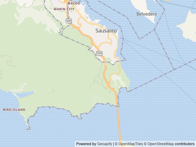 Map of Kirby Cove Campground location at Sausalito, CA, United States