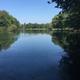 Wide view of the on-site lake with tree-lined shore — matches hero photo on the campground page (page URL shows this as the hero/landscape image for Scottsburg / Raintree Lake KOA). Good scenic overview of property waterside setting.