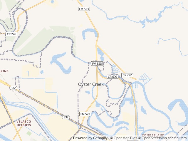 Map of Johns RV Park location at Oyster Creek, TX, United States