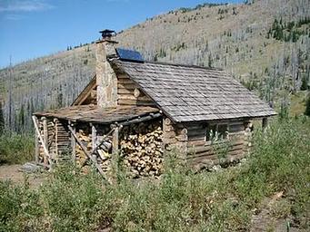 Log cabin with a full woodshed overlooking a hillside blanketed with silvered conifer snags.
