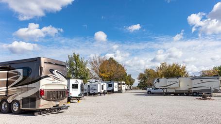 Panoramic view of pull-through RV sites with trees and sky — clearly depicts campsite density and environment used on the site’s social/feature image.