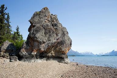 Priest Rock or "Hnitsanghi’iy- The Rock That Stands Alone' on the shoreline near the cabin