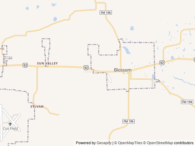 Map of South Fork 82 RV Park location at Blossom, TX, United States