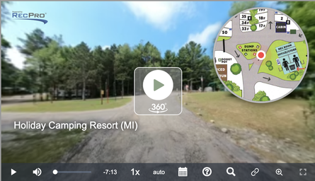 Screenshot of the campground virtual tour interface showing a roadway view and a site map inset — functions as an aerial/overview reference for the campground layout. Sourced from the site’s virtual tour content.