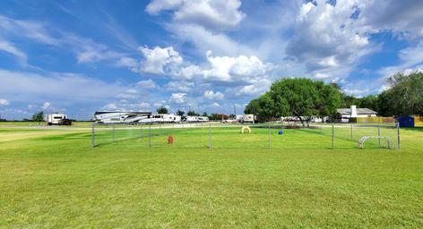 Large fenced dog park area with RVs visible in the background — demonstrates pet-friendly amenity and open grounds (from the amenities page image).