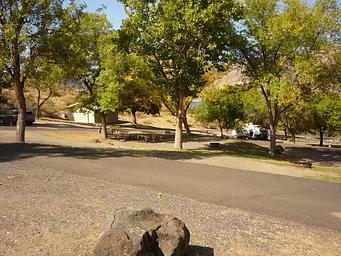 Overlooking the lower part of the campground. Trees in the distance.