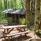 Woodland cabin/shelter among trees with picnic table and fire ring — illustrates wooded campsite setting and small cabin style (homepage banner image).