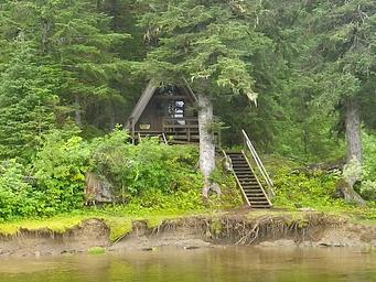 Mount Rynda Cabin with surrounding scenery of trees and 3 foot mudbank with stairs leading to cabin