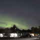 A green light is above the trees in a parking lot.
