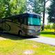 Active RV parked on a paved site with picnic table and grassy area — shows RV pitch layout and level of vehicle accommodation (source: site homepage).
