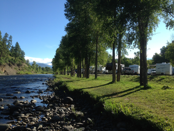 Riverside view with RVs parked along the riverbank and campground vegetation; labeled on the site's Amenities page, showing on-site riverfront campsites and facilities.