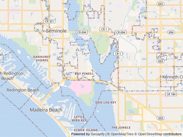 Map of St. Petersburg/Madeira Beach KOA location at St. Petersburg, FL, United States