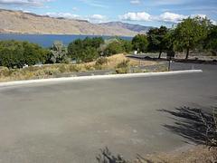 Spring Canyon overlooking groupsite. Trees and lake in the distance.