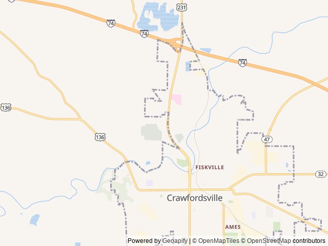 Map of Crawfordsville KOA Journey location at Crawfordsville, IN, United States