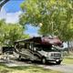 RV park with multiple recreational vehicles parked under trees on a bright, partly cloudy day.