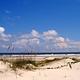 undeveloped beach complete with sea oat covered dunes, light sands, blue sky, and crashing waves