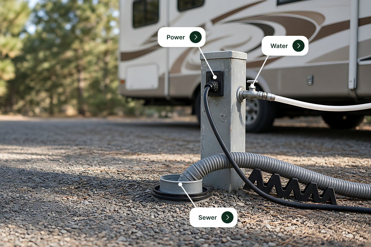 Campground site types explained: full hookup, partial hookup, dry camping, and boondocking