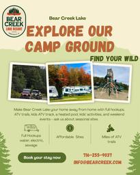 Collage-style promo showing RVs on sites, playground and park-like surroundings — good summary of campsites, hookups and family facilities on the property (comes from the site’s campground promotion content).