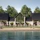 Wide lakefront view of the clubhouse and beachfront with dock — corresponds to the 'Clubhouse / beach & pool' imagery on the amenities page and highlights resort waterfront facilities.